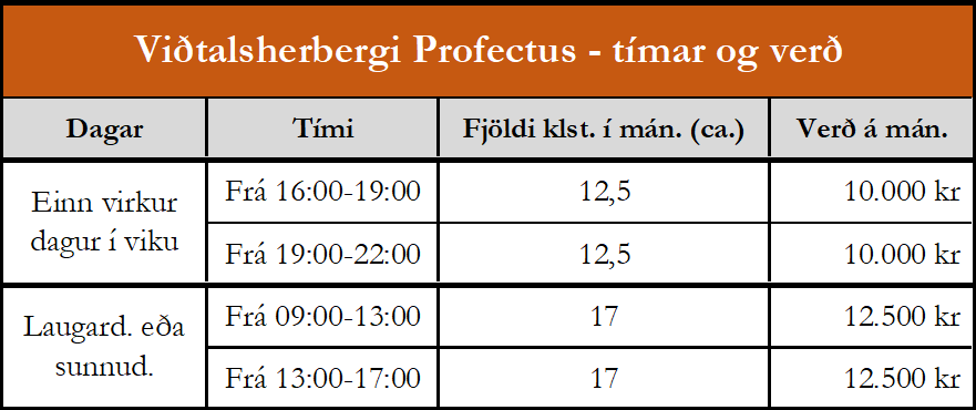 Verðlisti fyrir nemendur á viðtalsherbergi Viðtalsherbergi Profectus - Verð og tímar